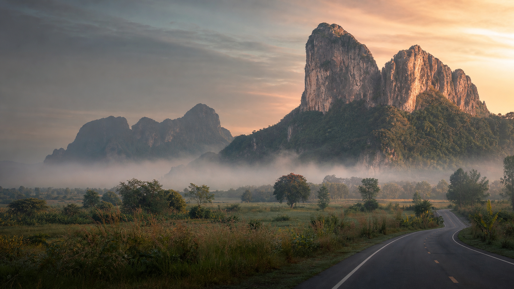 แนวภูเขาหินปูนภูผาม่านในสายหมอกยามเช้าและถนนที่ทอดเข้าสู่หุบเขา